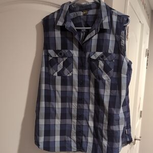 Eddie Bauer Blue Plaid Sleeveless Button Down Shirt